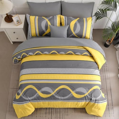 Anibedding Yellow Comforter Set California King Size,8 Pieces Bed in a Bag Patchwork Striped Bedding Sets,Boho Soft Microfiber Bedding Set for All Season(104"×96")