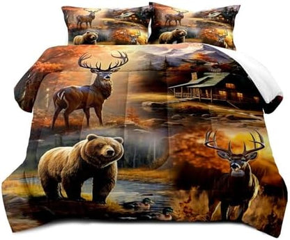 LUVIVIHOME 3PCS Bear Deer Comforter Set Full Size, Elk Moose Mallard Duck Autumn Woodland Forest Animal Wildlife Hunting Camo Hunter Country Lodge Rustic Farmhouse Cabin Bedding Sets, 2 Pillow Shams
