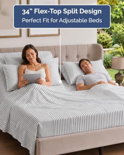 Flex Top Split Head King 6 Piece Sheet Set - Soft & Cooling - Grey Stripes