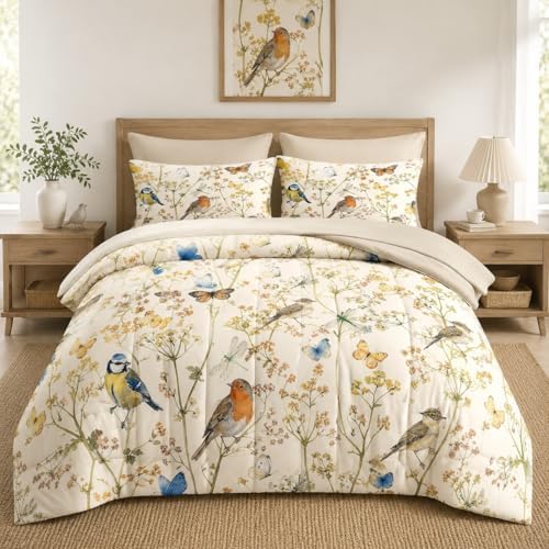 Pamnest Queen Comforter Set with Sheets, 7 Pieces Vintage Birds Bedding