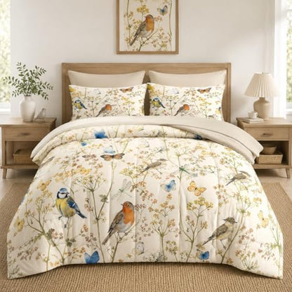 Pamnest Full Comforter Set with Sheets, 7 Pieces Vintage Birds Bedding