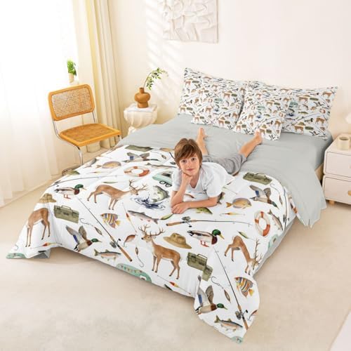 Erosebridal Hunting and Fishing 7 Piece Bed in A Bag Queen Comforter Set Mallard Duck Deer Hunting Bedding Set Boys Bass Fish Camper Car Sheet Set with Comforter Rustic Cabin Lake House Wild Quilt