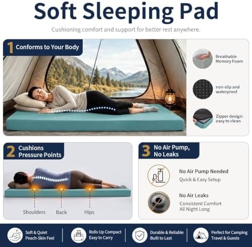 CYMULA Memory Foam Camping Mattress Pad,Sleeping Pad for Camping,Non-Slip Bottom Floor Car Mattress Bed with Retaining Portable Roll up Mattress Pad Mat for Travel Truck Guest Bed Tent