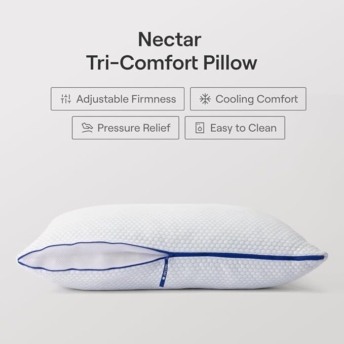 Nectar Tri-Comfort Cooling King Pillow - Adjustable Support & Firmness - Cooling Cover - Pressure Relief - Helps Reduce Neck Pain - Premium Memory Foam & Microfiber Down Alternative