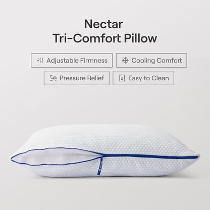Nectar Tri-Comfort Cooling Pillow - Adjustable Firmness & Support - Cooling Cover - Pressure Relief - Helps Reduce Neck Pain - Premium Memory Foam & Microfiber Down Alternative