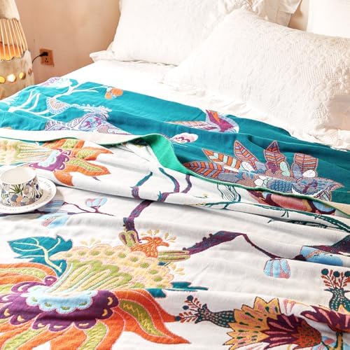 VANJOROY Boho Throw Blanket, 100% Organic Cotton Breathable Skin-Friendly Ultra Soft Bed Quilt Throw - All Season Floral Bird Farmhouse Décor Luxury Blanket for Sofa Couch Chair and Gift. 50" x 60"