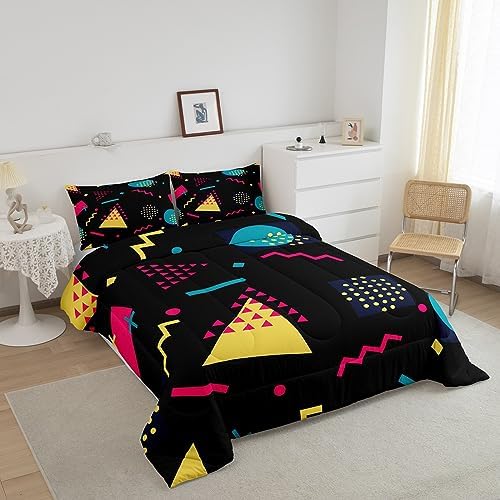 Manfei Memphis Comforter Set Queen Size, Retro 80s 90s Geometric Fashion Style Bedding Set 3pcs for Kids Boys, Triangle Circle Vintage Quilt Set Soft Polyester Duvet Set with 2 Pillowcases