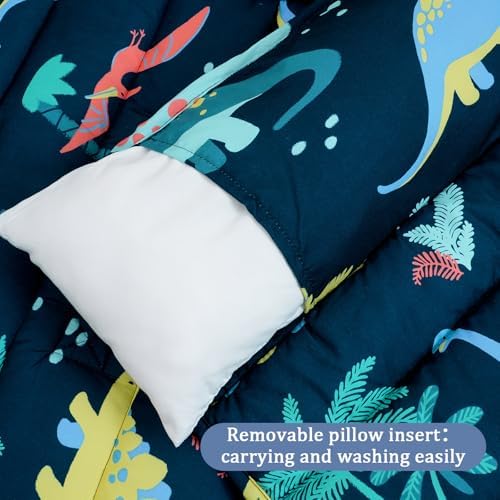 PHF Toddler Nap Mat with Removable Pillow and Minky Blanket, Rollup Design Kids Sleeping Mat, Slumber Bags for Boys, 55"x23" Toddler Sleeping Bag for Daycare Preschool Travel Camping, Dinosaur