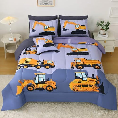 JQinHome Construction Queen Bedding Sets for Boys Kids,8 Piece Bed in A Bag 3D Cartoon Car Excavator Tractor Comforter Set with Sheet Set,Trucks Cars