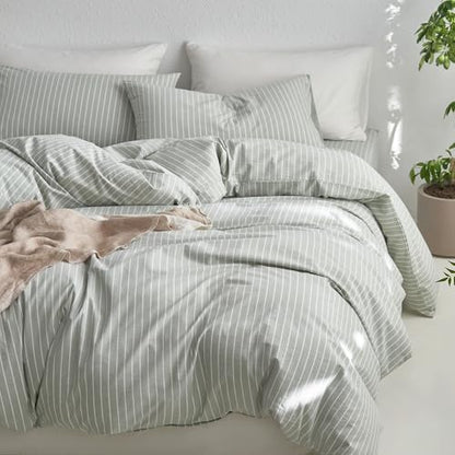 MooMee Striped Duvet Cover Set 100% Washed Cotton Linen Like Cal King