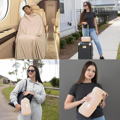 BlueHills Ultra Compact Travel Blanket Premium Plane Pillow Airplane Beige