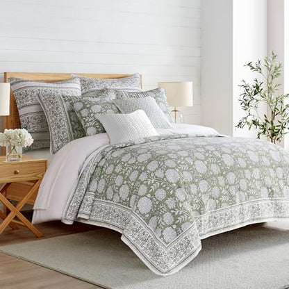 Levtex Home Adare Sage Reversible King/Cal King Quilt Set (106x92in) with 2 Pillow Shams (36x20in) - Floral Bedding - Sage White - Cotton King Size Quilt Bedding Set - Lightweight, Soft, Pre-Washed