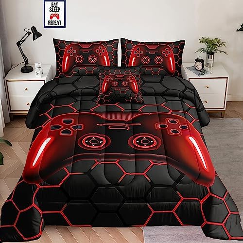 6 Pieces Bed in a Bag for Boys Bedding Sets Full Size,Gamer Comforter Sets for Boys Kids, Gaming Comforter Set for Teens Room Decor with Flat Sheet,Fitted Sheet,Pillowcase,Cushion Cover