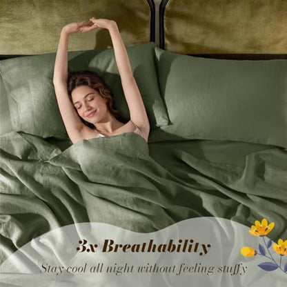 SONORO KATE 100% French Linen Queen Size Sheets Set,Natural Flax Bedding