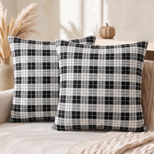AVOIN colorlife Black White Plaid Decorative Throw Pillow Covers, 18 x 18 Inch Holiday Scottish Tartan Cushion Case Farmhouse Decoration for Sofa Couch Set of 2