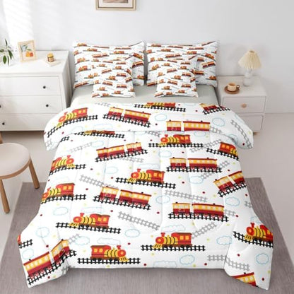 Feelyou Red Vintage Train Comforter Set Queen Size Retro Steam Locomotive Down 7 Pcs Bedding for Boys Girls Adults Bed in a Bag,Transportation Vehicles Bed Sheet Sets with Fitted Sheet Pillowcases