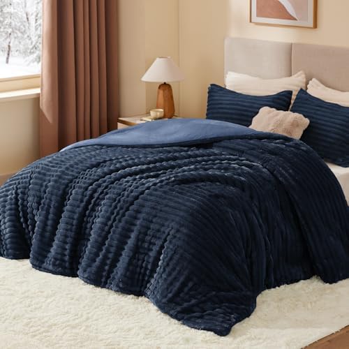 BEDELITE Fleece Full Comforter Set, Fluffy Bed Set, Navy Blue