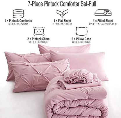 Ubauba 7pc Full Size Comforter Set with Sheets, Pinched Pleat 7 Piece Bed in a Bag Blush Bed Set with Comforter, Pintuck All Season Bedding Sets (Pink,Full)