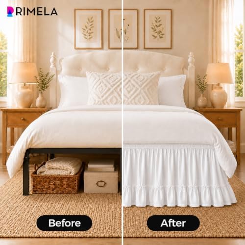 White Pieced Ruffle Bed Skirt Queen 15" Drop, Elastic Bedskirt
