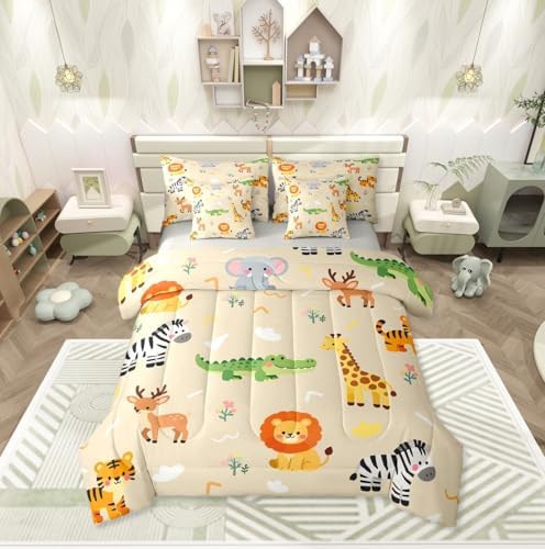 Erosebridal Kids Zoo Animal 7 Piece Comforter Set Full for Nursery Bedroom | Cute Wild Animals Bedding Set Lion Elephant Crocodile Wildlife Sheets Safari Wild Print Quilt Natural Theme Bed Set