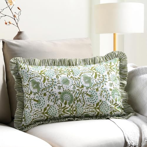 CPC Block Print Agate Green Ruffle Cotton Lumbar Pillow Cover 12x20 inch