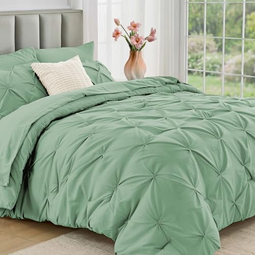 JOLLYVOGUE Full Size Comforter Sets 7 Pieces - Bed in a Bag Full for All Season, Pintuck Bedding Comforter Sets with Comforter, Flat Sheet, Fitted Sheet and Pillowcases & Shams, Sage Green
