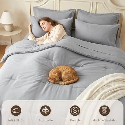 California King Size Comforter Set 7 Pieces - Soft Bed in a Bag King Bed Set, Cozy Luxury Bedding Sets with All Season Comforter, Flat Sheet, Fitted Sheet, 2 Pillowcases & 2 Shams, Light Gray