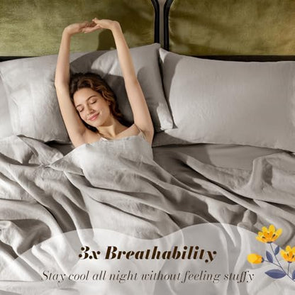 SONORO KATE 100% French Linen King Size Sheets Set,Natural Flax Bedding