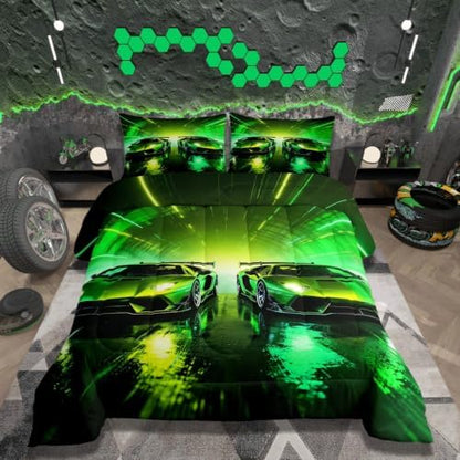 Feelyou Green Racing Car Kids Comforter Set King Size Boys Sports Car Bedding Set Speed Sports Duvet Quilt for Kids Boys Girls Bedroom Extreme Decor Microfiber Ultra Soft Breathable