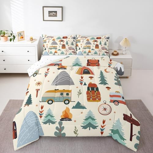Feelyou Happy Camping Comforter Set for Kids Boys Girls Full Travel Bag Tent Compass Print Bedding Set Soft Outdoor Travel Duvet Quilt Camping Gifts Comforter Travel Trailers Themed
