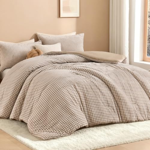 Litanika Velvet Flannel Gingham Comforter Set Queen, 3 Pcs Tan Blanket