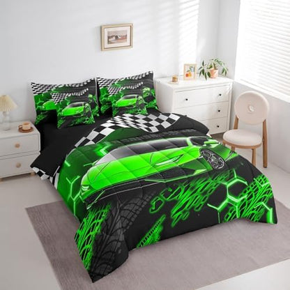 Feelyou Racing Car Bed Set for Kids Boys Girls Twin Size Speed Sports Car 7 Pieces Beeding Set Teen Adult Soft Extreme Sports Bed in a Bag with Comforter, Sheets, Pillowcases Honeycomb Pattern