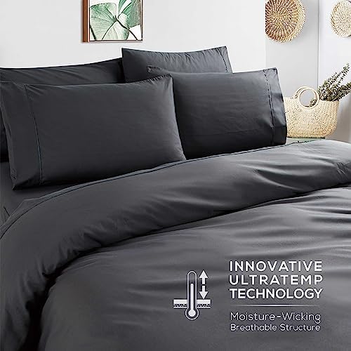 Mueller Ultratemp Bed Sheets Set, Super Soft, 6 Piece California King Sheet Sets, Deep Pocket up to 16", Transfers Heat, Breathes Better, Hypoallergenic, Wrinkle-Resistant, Oeko-TEX, Dark Grey