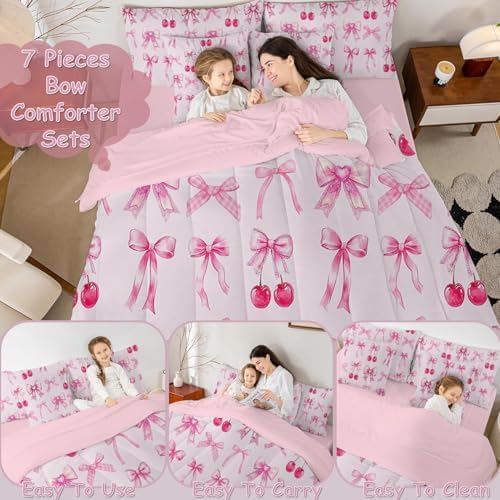 Pink Cherry Bow Bed in a Bag Queen Comforter Set 7 Piece,Cute Silk Ribbon Bowknot Bedding Set,Princess Bow Tie Comforter and Sheet Set Dreamy Kawaii Bed Set,Girly Light Pink Room Decor Aesthetic