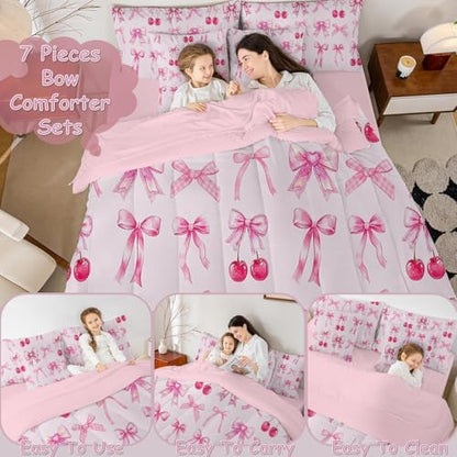 Pink Cherry Bow Bed in a Bag Queen Comforter Set 7 Piece,Cute Silk Ribbon Bowknot Bedding Set,Princess Bow Tie Comforter and Sheet Set Dreamy Kawaii Bed Set,Girly Light Pink Room Decor Aesthetic