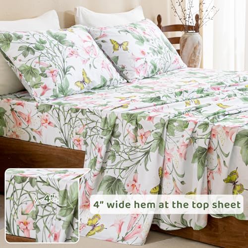 QSH Butterfly Bed Sheets Set Queen Size 100% Egyptian Cotton Sheet Wild Flower Leaves Printed Pattern Bedding Sheets Spring Floral Bedsheets Deep Pockets 4PCs