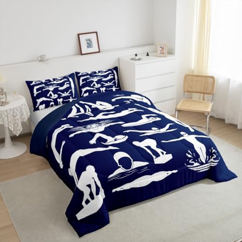 Homewish Swim Comforter Set King Size,Swimming Quilted Duvet 3Pcs for Kids Boys Teens Adult Room Decor,Swimmer Silhouette Print Bedding Sets Modern Navy Blue White Down Comforter,2 Pillowcases