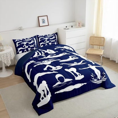 Homewish Swim Comforter Set Twin Size,Swimming Quilted Duvet 2Pcs for Kids Boys Teens Adult Room Decor,Swimmer Silhouette Print Bedding Sets Modern Navy Blue White Down Comforter,1 Pillowcase
