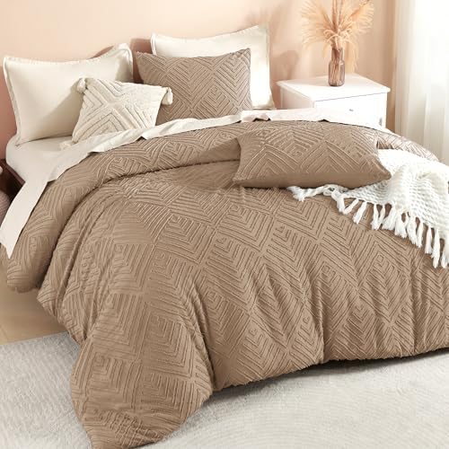 Litanika Full Size Comforter Set, 3 Pieces Taupe Tufted Boho Bedding Set
