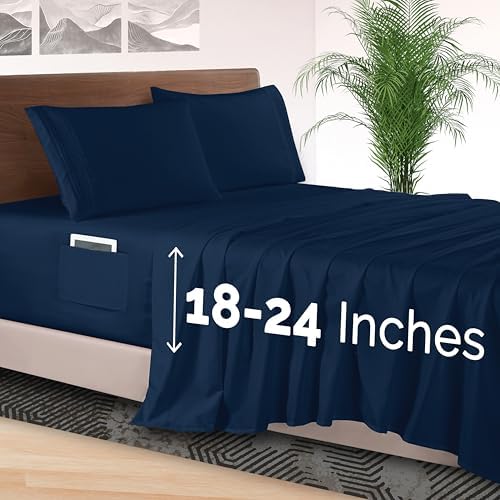 Elegant Comfort 4-Piece Bed Sheet Set - Luxury Bedding 1500 Premium Hotel Quality Microfiber, All Around Elastic 18-24 Inches Deep Fitted Sheet- Extra Deep Pocket Sheets, Twin/Twin XL, Navy Blue