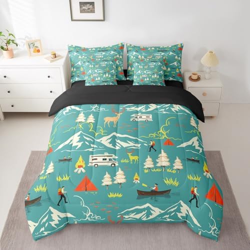 Erosebridal Kids Camping 7 Piece Comforter Set Full Bed in a Bag,Farmhouse Camper Car Bedding Set,Deer Wild Animals Bed Sheets,Mountain Adventure Sheet Set,Firemen Woodland Duvet Insert,Green