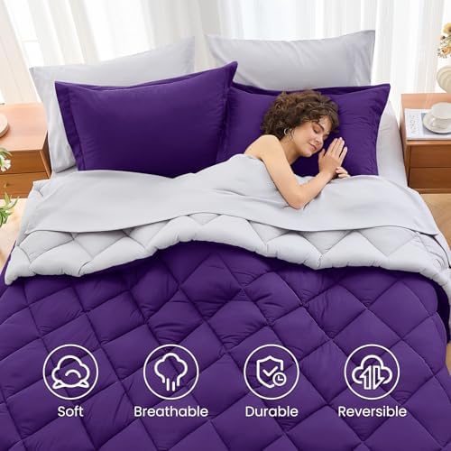 MUXHOMO 7 Pieces Oversized King Comforter Set, Reversible Bed in a Bag Oversized King Size, All Season Bedding Set with Comforter, Flat Sheet, Fitted Sheet, Pillowcases & Shams, Purple & Lavender