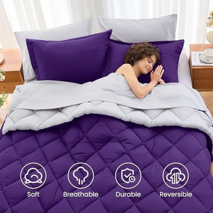 MUXHOMO 7 Pieces Oversized King Comforter Set, Reversible Bed in a Bag Oversized King Size, All Season Bedding Set with Comforter, Flat Sheet, Fitted Sheet, Pillowcases & Shams, Purple & Lavender