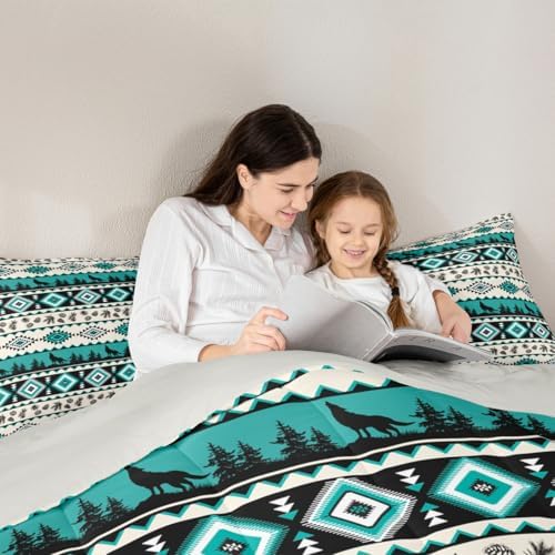Manfei Aztec Geometric Girls Bedding Set Twin Size, Southwest Tribal Ethnic Comforter Set，Wolf Rustic Cabin Quilt Comforter for Boys Teens,Beige Retro Room Decor All Season,1 Pillowcase