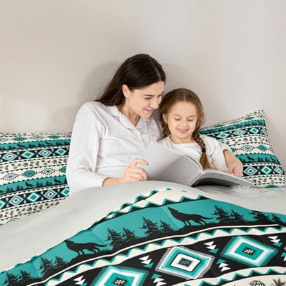 Aztec Geometric Comforter Set Full Size,Southwest Tribal Ethnic Kids Bedding Set,Wolf Rustic Cabin Quilt Comforter,Beige Retro Duvet Insert,2 Pillowcases