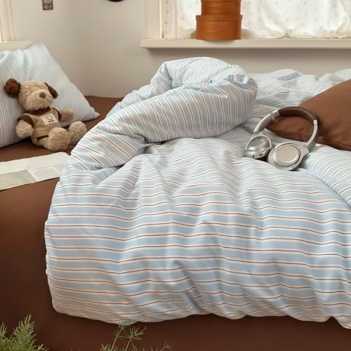 mixinni Vintage Striped Full Duvet Cover Set, Washed Microfiber Coastal Bedding, Light Blue Brown Vertical Stripe Comforter Cover with Zipper & Corner Ties, (1 Duvet Cover + 2 Pillowcases)