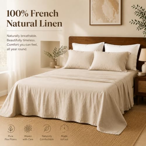 MEISHANG 100% French Linen Sheets Queen,4 Pcs,16" Deep Pocket