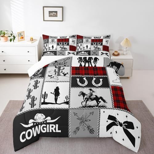 Western Cowgirl Kid Comforter Set King Size,Cactus Horseshoe Cow Skull Geometric Patchwork Bedding Set,Girls Women Room Decor,Bowknot Arrow Boho Down Comforter,Red Xmas Duvet Insert,2 Pillowcases