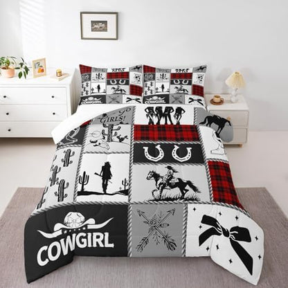 Western Cowgirl Kid Comforter Set King Size,Cactus Horseshoe Cow Skull Geometric Patchwork Bedding Set,Girls Women Room Decor,Bowknot Arrow Boho Down Comforter,Red Xmas Duvet Insert,2 Pillowcases