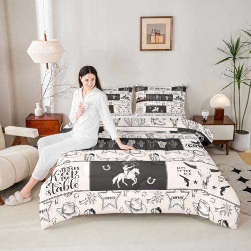 Western Cowboy Kids Comforter Set Queen Size,Cowboy Boots Horseshoe Farmhouse Bedding Set,Boys Girls Adults Room Decor,Cow Skull Cactus Rustic Down Comforter,Beige Retro Duvet Insert,2 Pillowcases